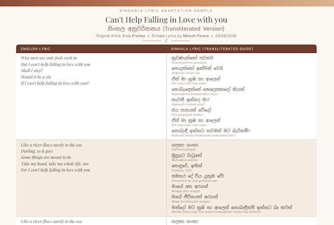 translate any language song into singable sinhala lyrics